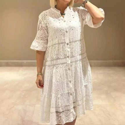 Dress for Women Floral Lace Boho V Neck Short Sleeve Button Down Midi Dress