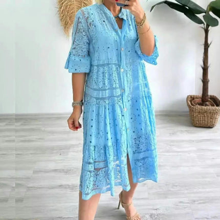 Dress for Women Floral Lace Boho V Neck Short Sleeve Button Down Midi Dress