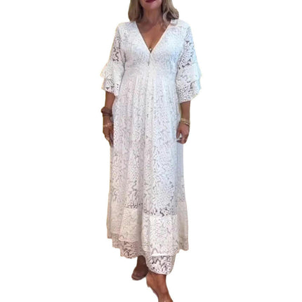 Womens Summer Maxi Dresses V Neck Floral Lace  Casual 3/4 Sleeve Boho Flowy Long Dress