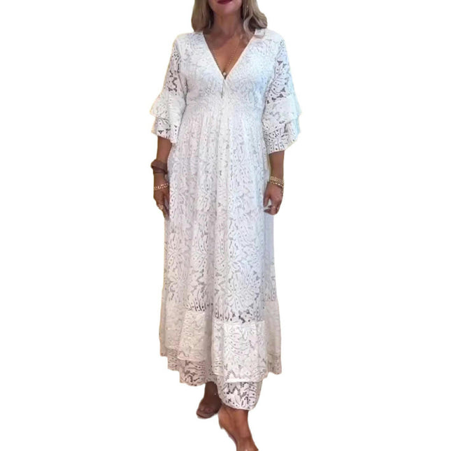 Womens Summer Maxi Dresses V Neck Floral Lace  Casual 3/4 Sleeve Boho Flowy Long Dress