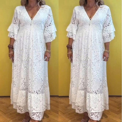 Womens Summer Maxi Dresses V Neck Floral Lace  Casual 3/4 Sleeve Boho Flowy Long Dress