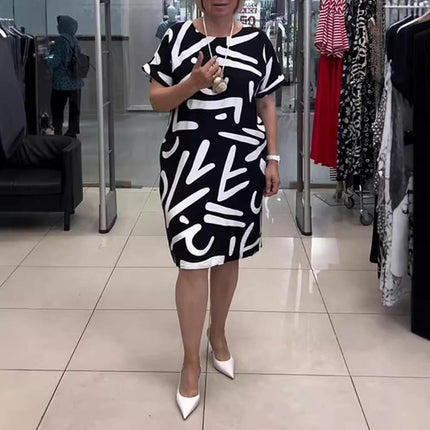 Women's Summer Short Sleeve Dress Crew Neck Loose Casual Print Midi Dress