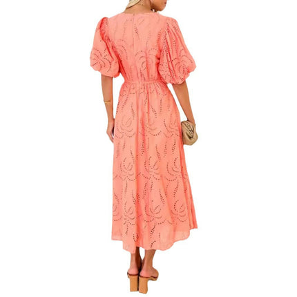 Women's Eyelet Maxi Dress V Neck Casual Puff Short Sleeve Boho Flowy Swing Dresses