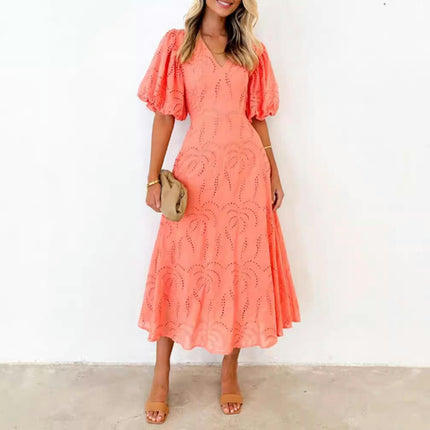 Women's Eyelet Maxi Dress V Neck Casual Puff Short Sleeve Boho Flowy Swing Dresses