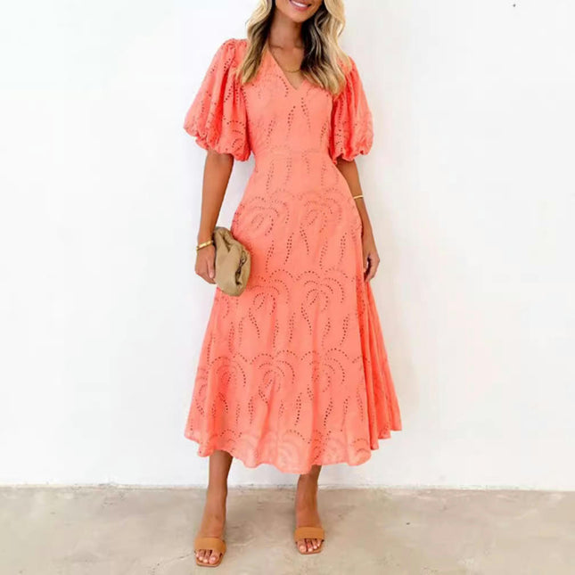 Women's Eyelet Maxi Dress V Neck Casual Puff Short Sleeve Boho Flowy Swing Dresses