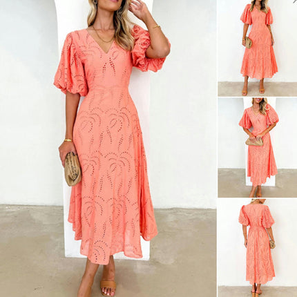 Women's Eyelet Maxi Dress V Neck Casual Puff Short Sleeve Boho Flowy Swing Dresses