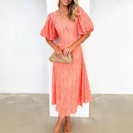 Women's Eyelet Maxi Dress V Neck Casual Puff Short Sleeve Boho Flowy Swing Dresses