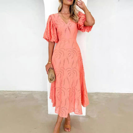 Women's Eyelet Maxi Dress V Neck Casual Puff Short Sleeve Boho Flowy Swing Dresses