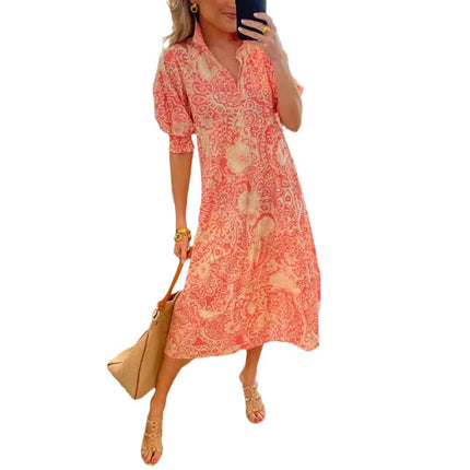 Women's Floral V-Neck Midi Dress Puff Short Sleeve Boho Summer Beach Long Dress