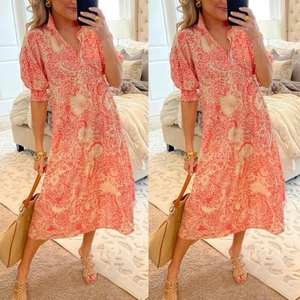 Women's Floral V-Neck Midi Dress Puff Short Sleeve Boho Summer Beach Long Dress