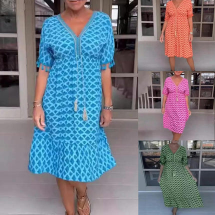 Womens Summer Dresses Boho Floral V Neck Short Sleeve Casual Beach Midi Dress