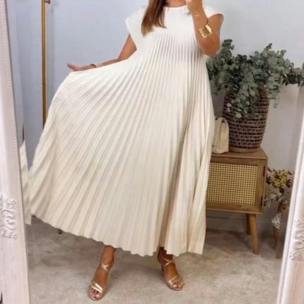 Women's Casual Short Sleeve Pleated Maxi Dress Loose Fit Crewneck Flowy Long Dress