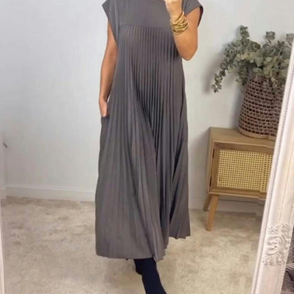 Women's Casual Short Sleeve Pleated Maxi Dress Loose Fit Crewneck Flowy Long Dress