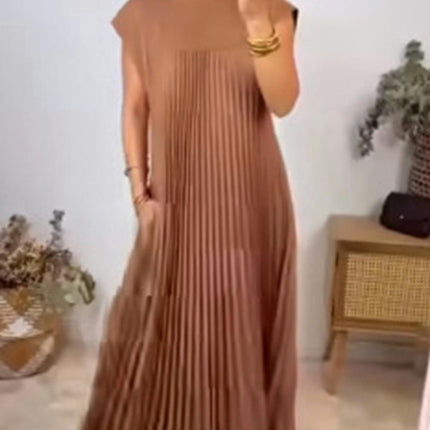 Women's Casual Short Sleeve Pleated Maxi Dress Loose Fit Crewneck Flowy Long Dress