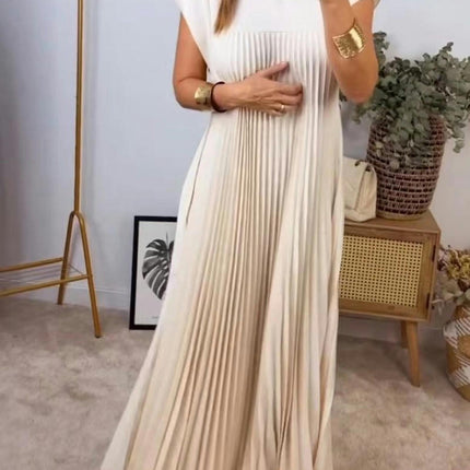 Women's Casual Short Sleeve Pleated Maxi Dress Loose Fit Crewneck Flowy Long Dress