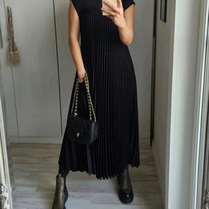 Women's Casual Short Sleeve Pleated Maxi Dress Loose Fit Crewneck Flowy Long Dress