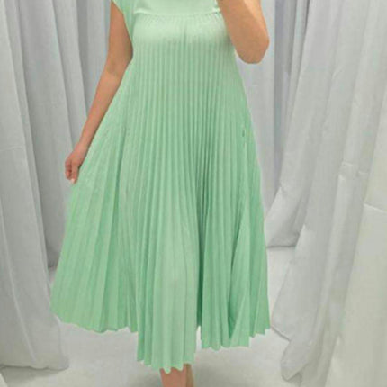 Women's Casual Short Sleeve Pleated Maxi Dress Loose Fit Crewneck Flowy Long Dress