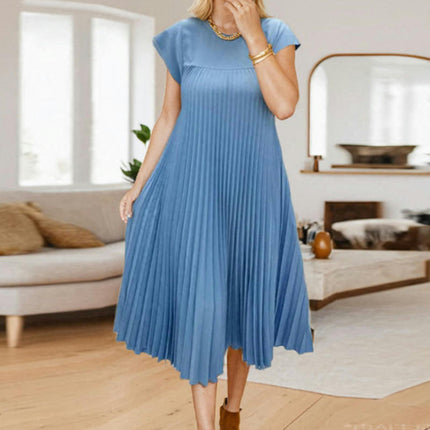 Women's Casual Short Sleeve Pleated Maxi Dress Loose Fit Crewneck Flowy Long Dress