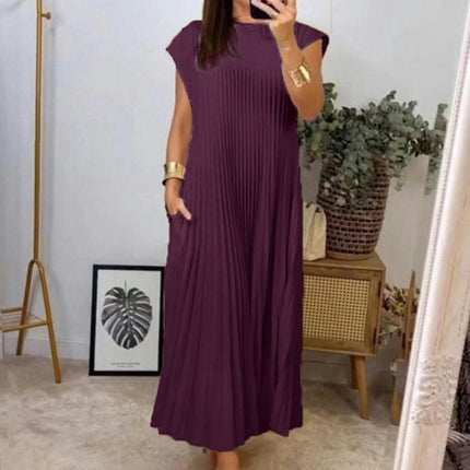 Women's Casual Short Sleeve Pleated Maxi Dress Loose Fit Crewneck Flowy Long Dress