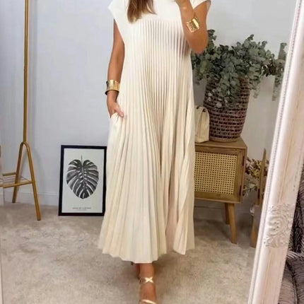 Women's Casual Short Sleeve Pleated Maxi Dress Loose Fit Crewneck Flowy Long Dress