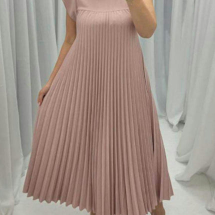 Women's Casual Short Sleeve Pleated Maxi Dress Loose Fit Crewneck Flowy Long Dress