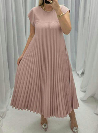 Women's Casual Short Sleeve Pleated Maxi Dress Loose Fit Crewneck Flowy Long Dress