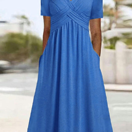 Womens Summer Short Sleeve V Neck Midi Dress Fashion Casual Flowy Dresses