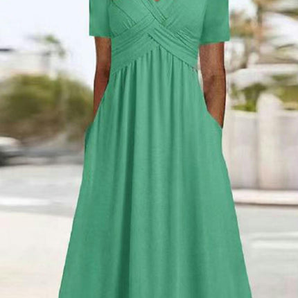 Womens Summer Short Sleeve V Neck Midi Dress Fashion Casual Flowy Dresses