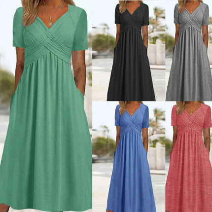 Womens Summer Short Sleeve V Neck Midi Dress Fashion Casual Flowy Dresses