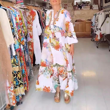 Womens Summer Floral Print Dresses V Neck Bell Sleeve Flowy Maxi Dress