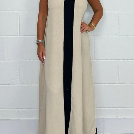 Women's Casual Sleeveless Maxi Dress Loose V Neck Color Block Long Dress