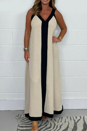 Women's Casual Sleeveless Maxi Dress Loose V Neck Color Block Long Dress