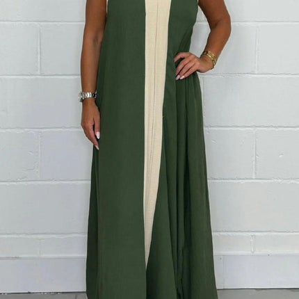 Women's Casual Sleeveless Maxi Dress Loose V Neck Color Block Long Dress