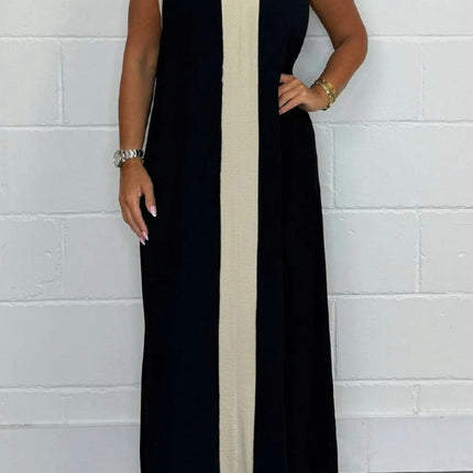 Women's Casual Sleeveless Maxi Dress Loose V Neck Color Block Long Dress