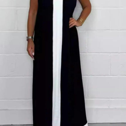 Women's Casual Sleeveless Maxi Dress Loose V Neck Color Block Long Dress