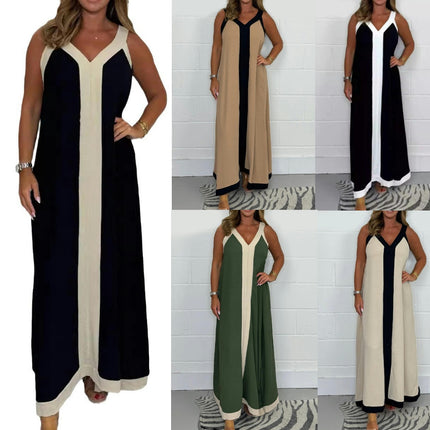 Women's Casual Sleeveless Maxi Dress Loose V Neck Color Block Long Dress