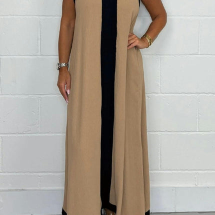 Women's Casual Sleeveless Maxi Dress Loose V Neck Color Block Long Dress