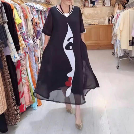 Women's Summer Print Maxi Dress Short Sleeve V Neck Flowy Casual Loose Dress with Pockets