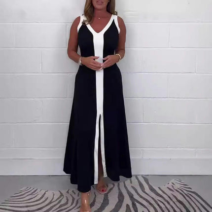 Women Summer V-Neck Sleeveless Casual Loose Split Color Block Long Maxi Dress