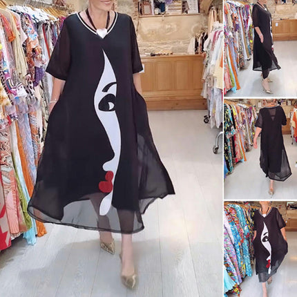 Women's Summer Print Maxi Dress Short Sleeve V Neck Flowy Casual Loose Dress with Pockets