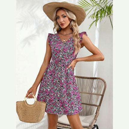 Women's Summer Casual Dresses Ruffle Cap Sleeve V Neck Flowy Boho Mini Dress