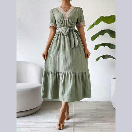 Women's Casual Summer Maxi Dress Lace V Neck Short Sleeve Tie Waist Long Dresses