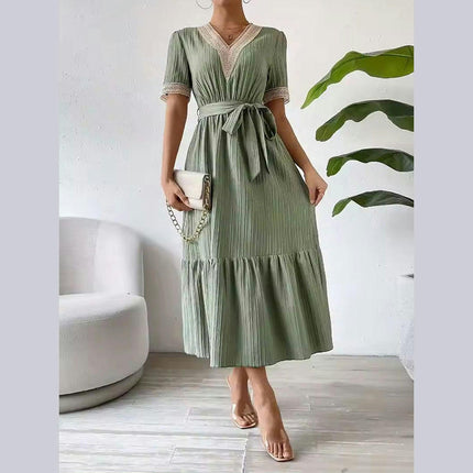 Women's Casual Summer Maxi Dress Lace V Neck Short Sleeve Tie Waist Long Dresses