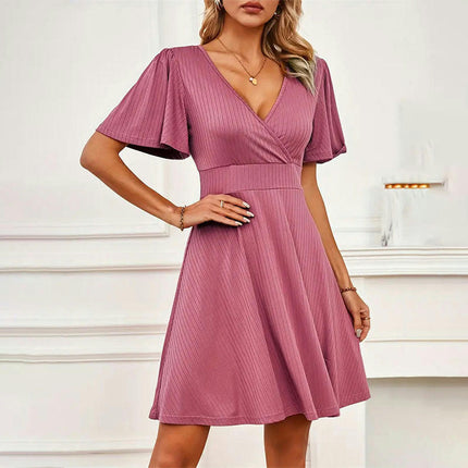 Womens Summer Short Sleeve High Waist Deep V-Neck Flowy Party Mini Dress