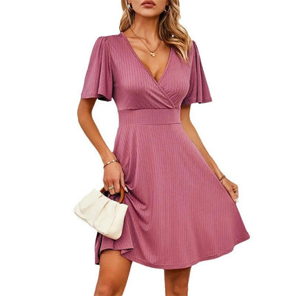 Womens Summer Short Sleeve High Waist Deep V-Neck Flowy Party Mini Dress