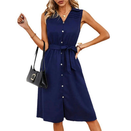 Women's Summer Casual Sleeveless Midi Dresses V Neck Button Down Tie Waist Dress