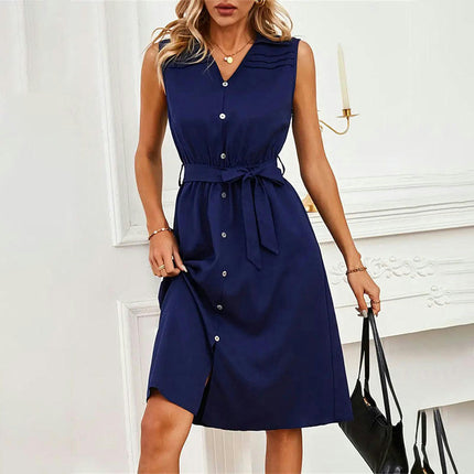 Women's Summer Casual Sleeveless Midi Dresses V Neck Button Down Tie Waist Dress