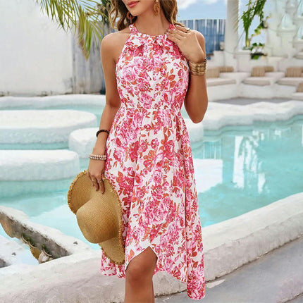 Women's Summer Sundress Sleeveless Halter Neck Split Midi Floral Dresses