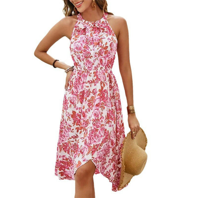 Women's Summer Sundress Sleeveless Halter Neck Split Midi Floral Dresses