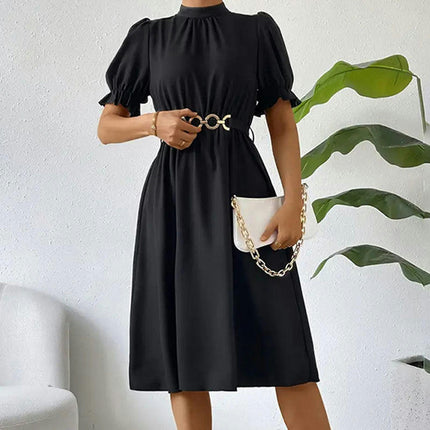 Women's Summer Casual Puff Short Sleeve Mock Neck Dress Flowy Swing Midi Dresses